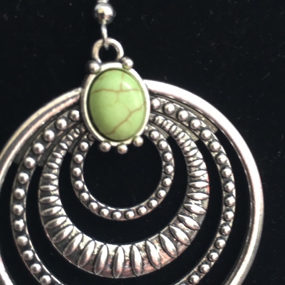 Silver Tone Boho Trendy Loop Dangle Earrings with Green Accent 1 1/2” Across - Picture 6 of 10